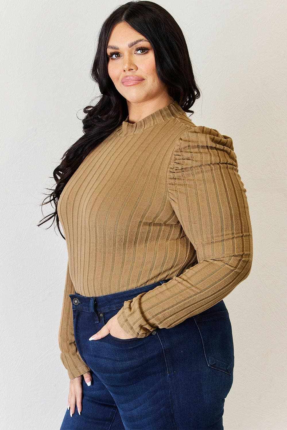 Ribbed mock neck top with puff sleeves - Love Salve